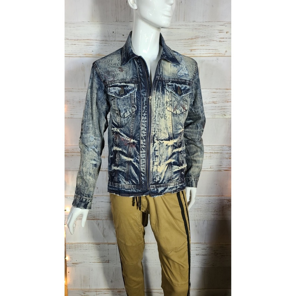JORDAN CRAIG Distressed Painted Ripped look Denim Jacket L @13